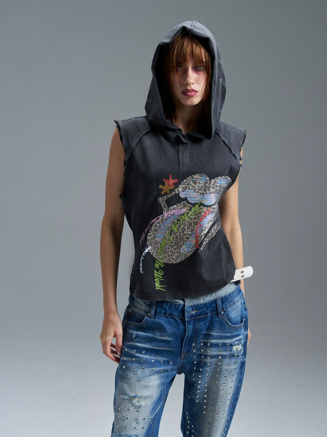 PAIKI |  Tongue Graphic Hooded Sleeveless Denim Vest