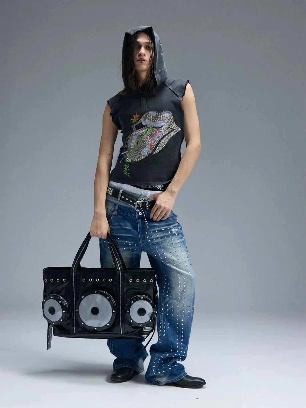 PAIKI |  Tongue Graphic Hooded Sleeveless Denim Vest