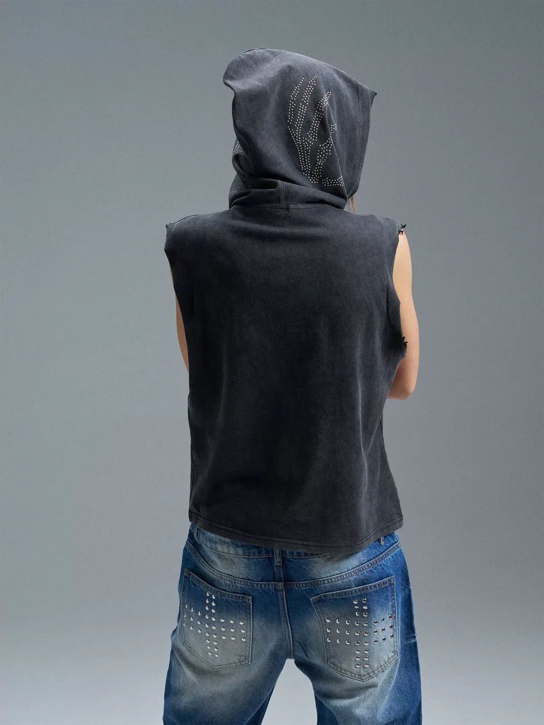 PAIKI |  Tongue Graphic Hooded Sleeveless Denim Vest