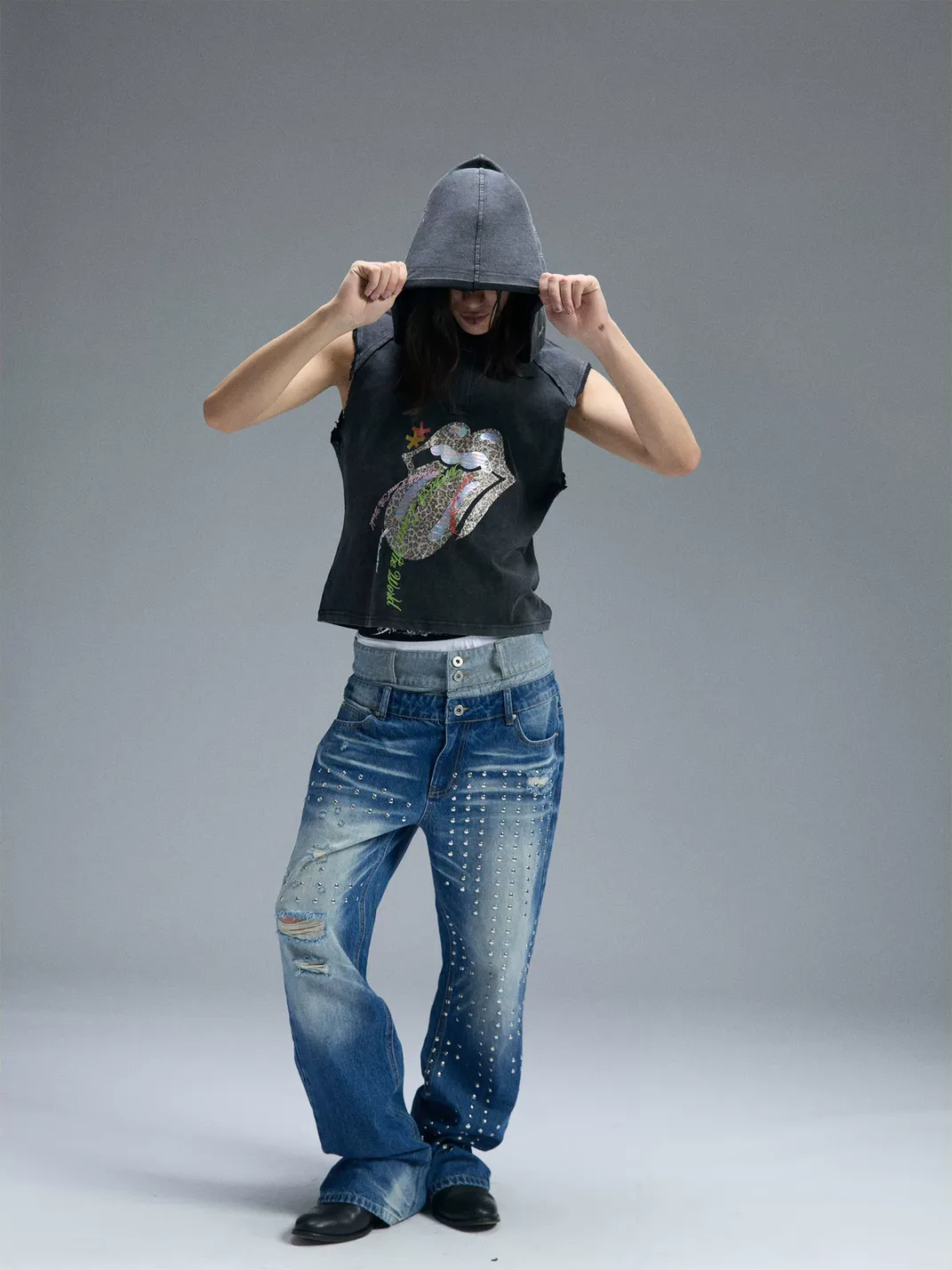 PAIKI |  Tongue Graphic Hooded Sleeveless Denim Vest