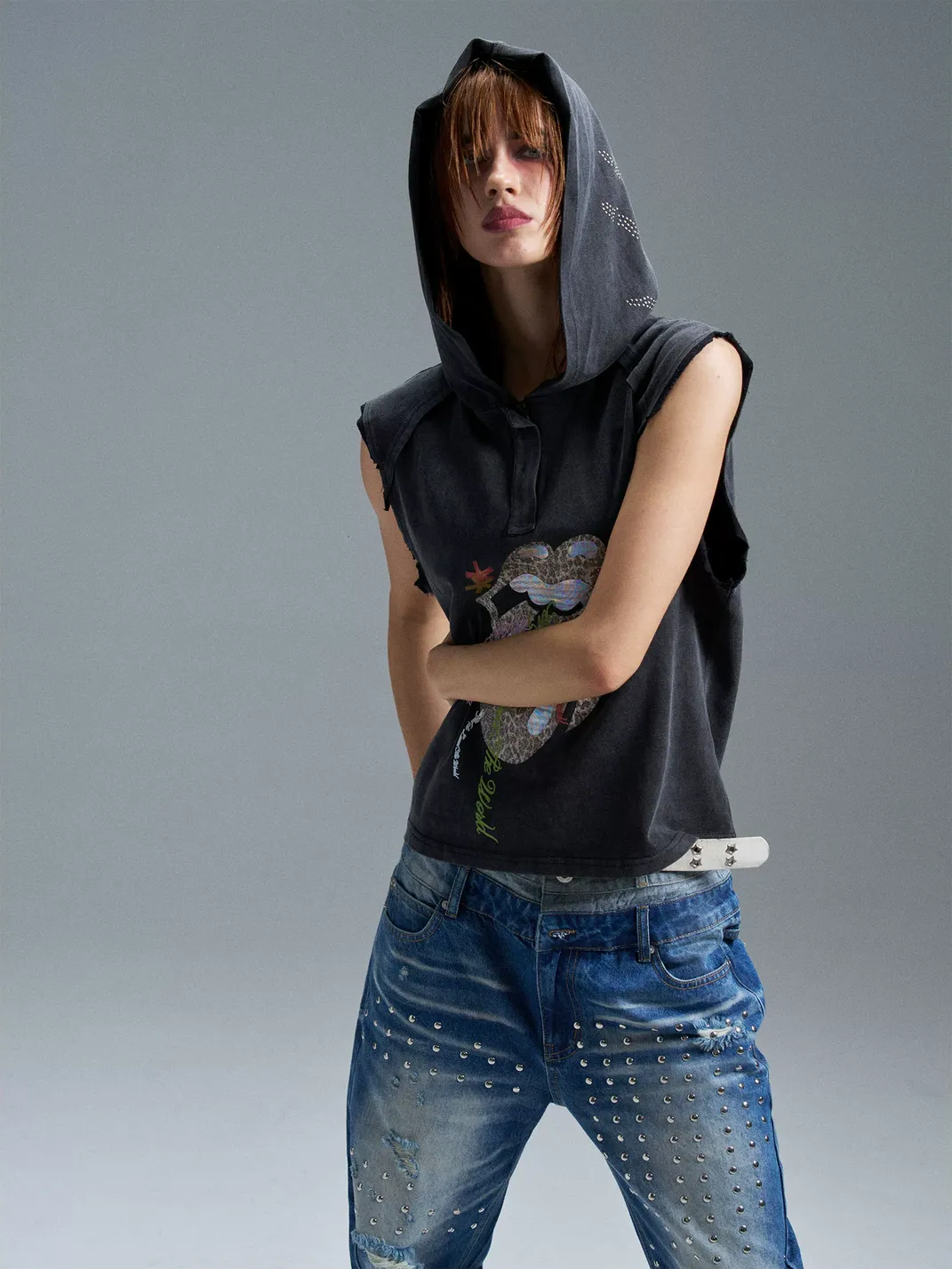 PAIKI |  Tongue Graphic Hooded Sleeveless Denim Vest