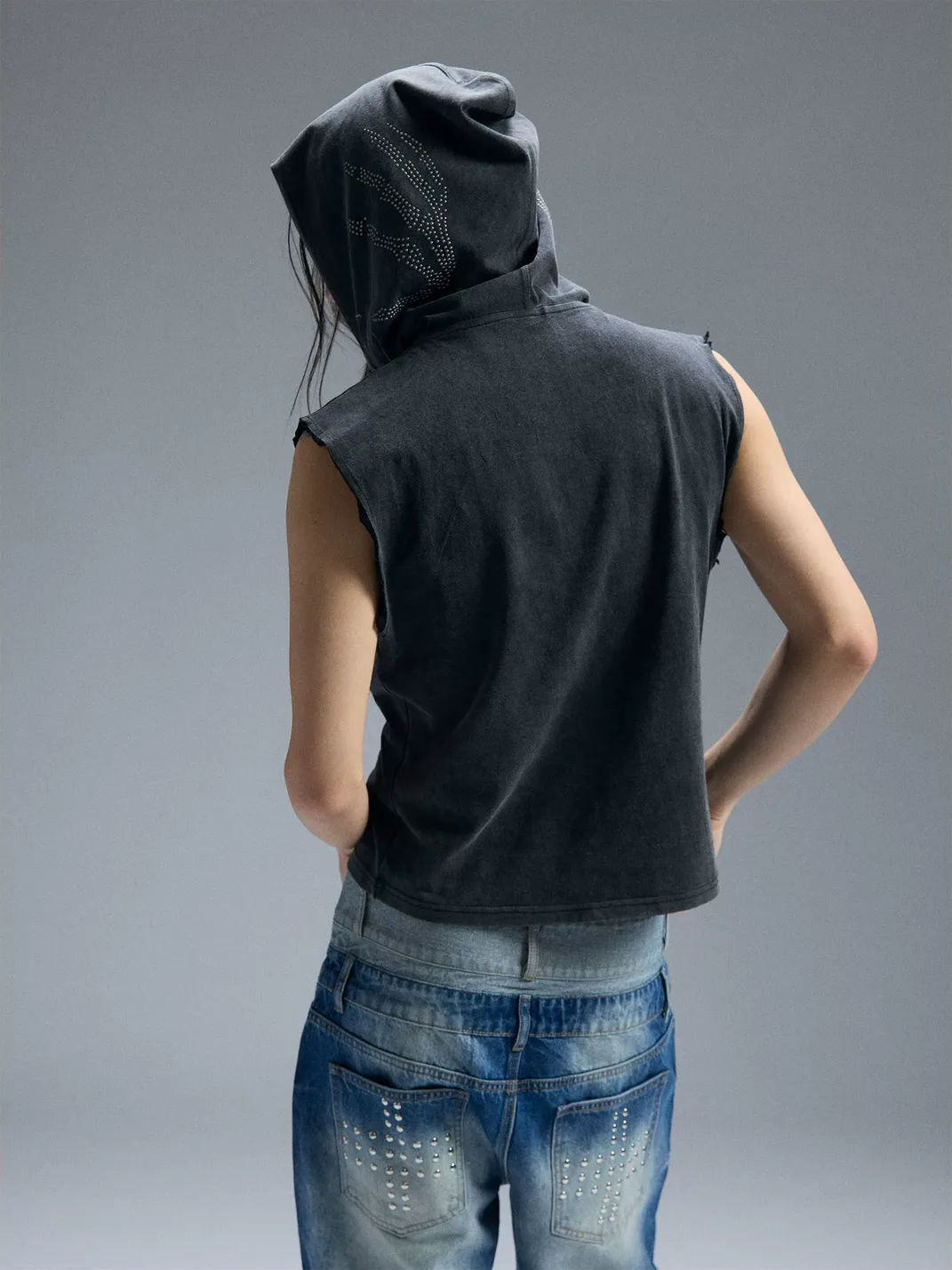 PAIKI |  Tongue Graphic Hooded Sleeveless Denim Vest