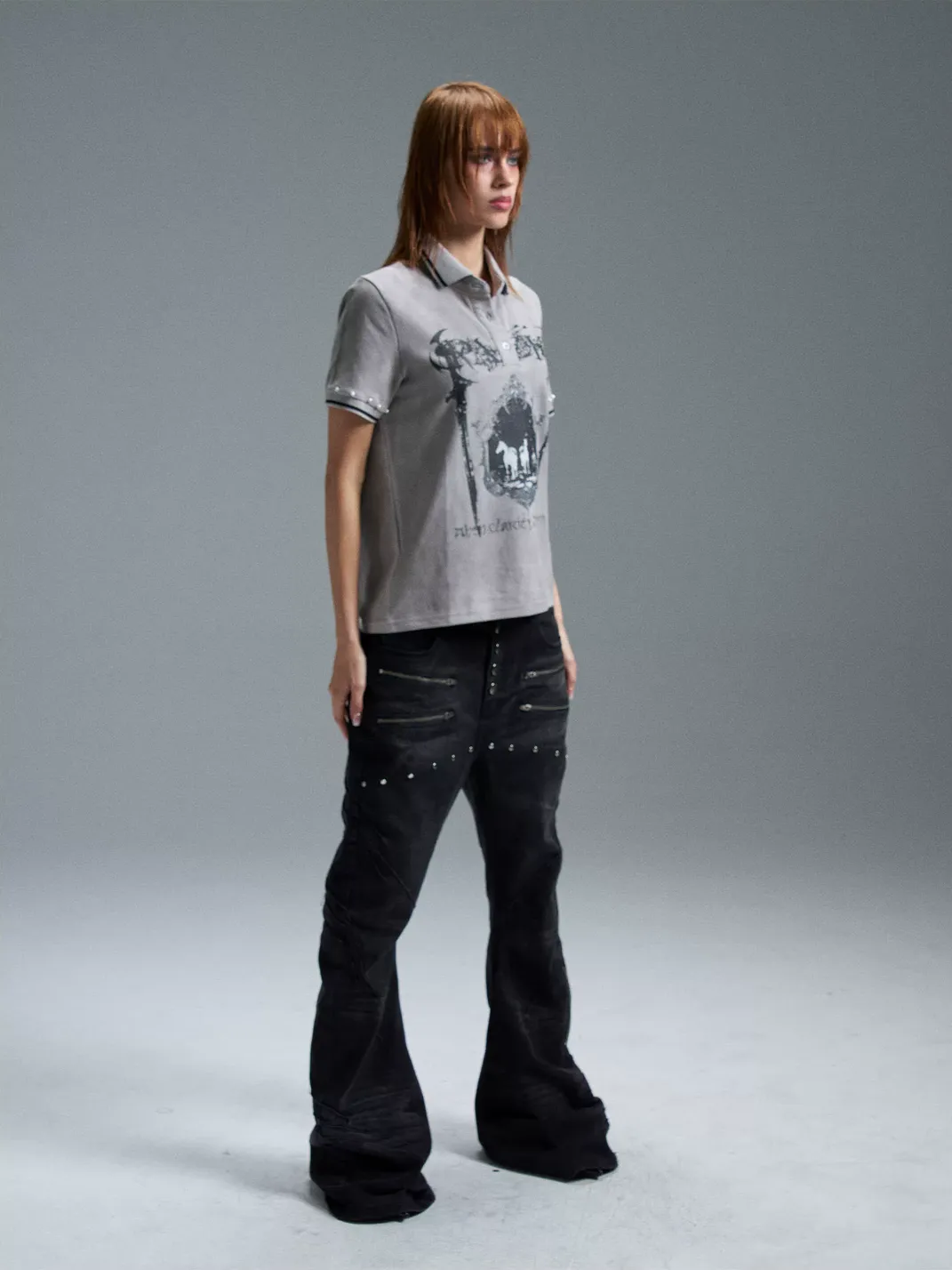 PAIKI | Twin Sword Castle Oil Painting Dirty Dye Pearl Studded T-Shirt