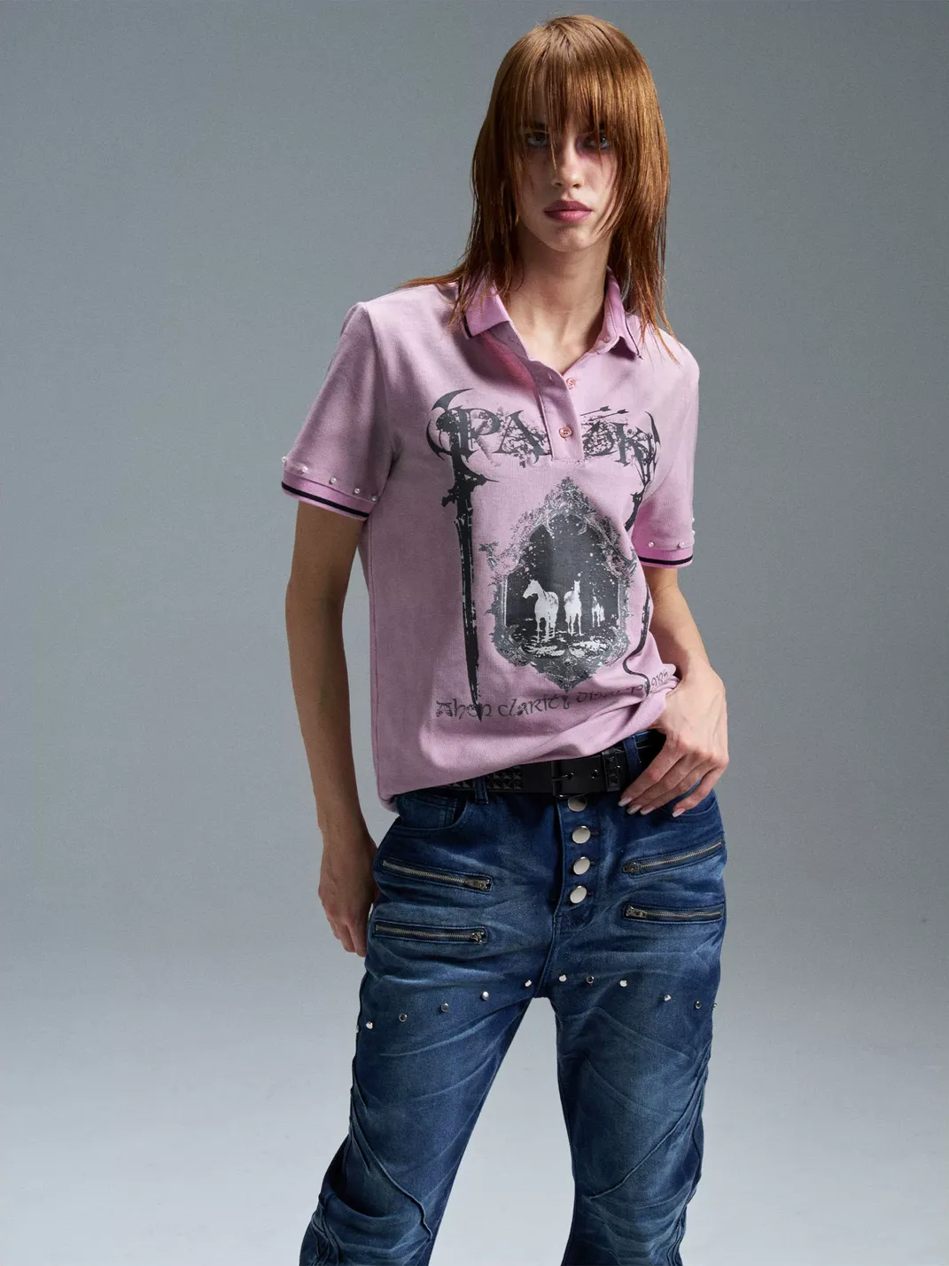 PAIKI | Twin Sword Castle Oil Painting Dirty Dye Pearl Studded T-Shirt