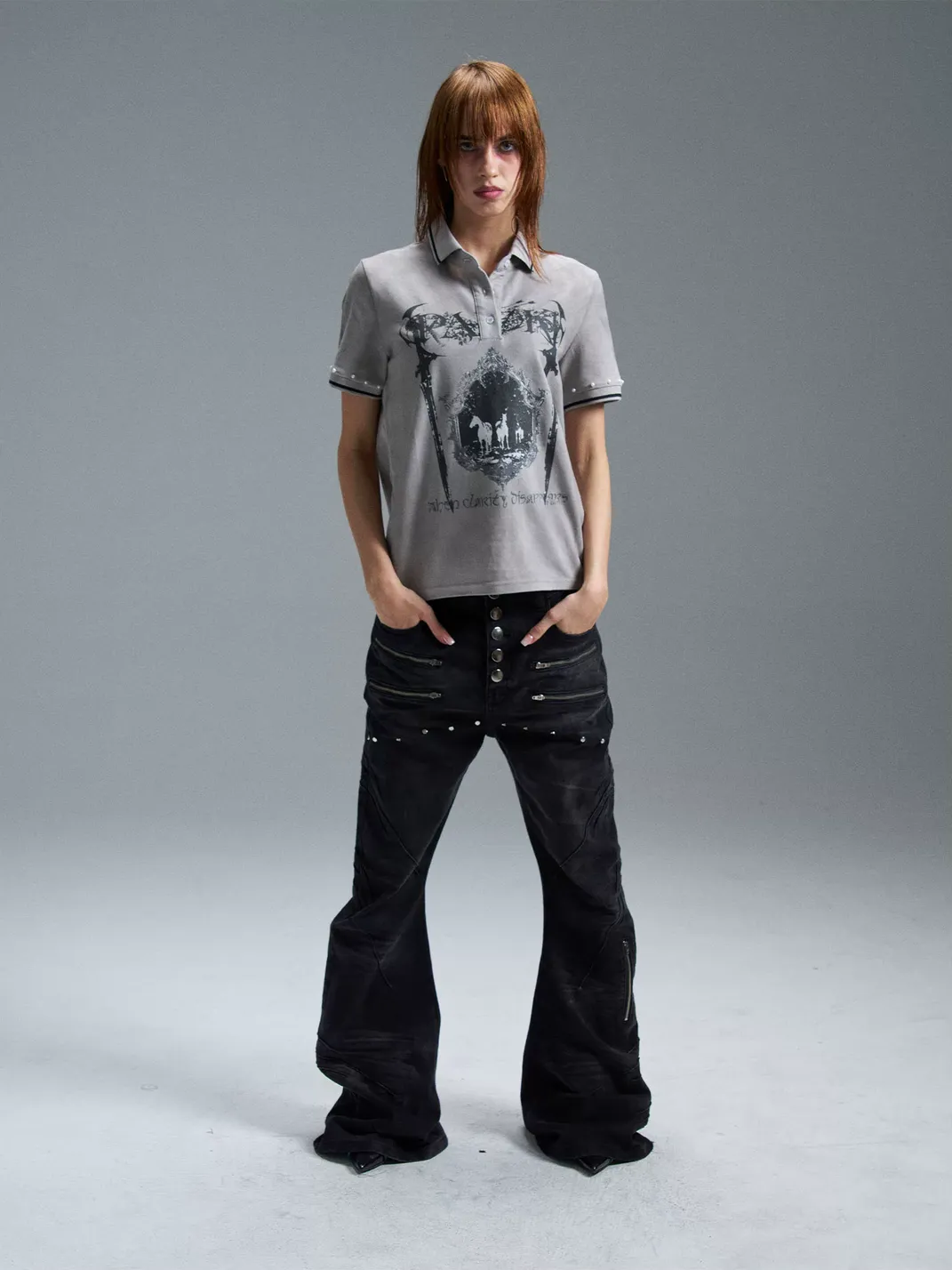 PAIKI | Twin Sword Castle Oil Painting Dirty Dye Pearl Studded T-Shirt