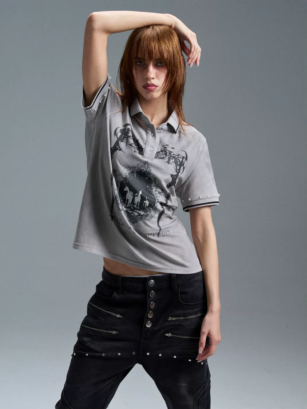 PAIKI | Twin Sword Castle Oil Painting Dirty Dye Pearl Studded T-Shirt