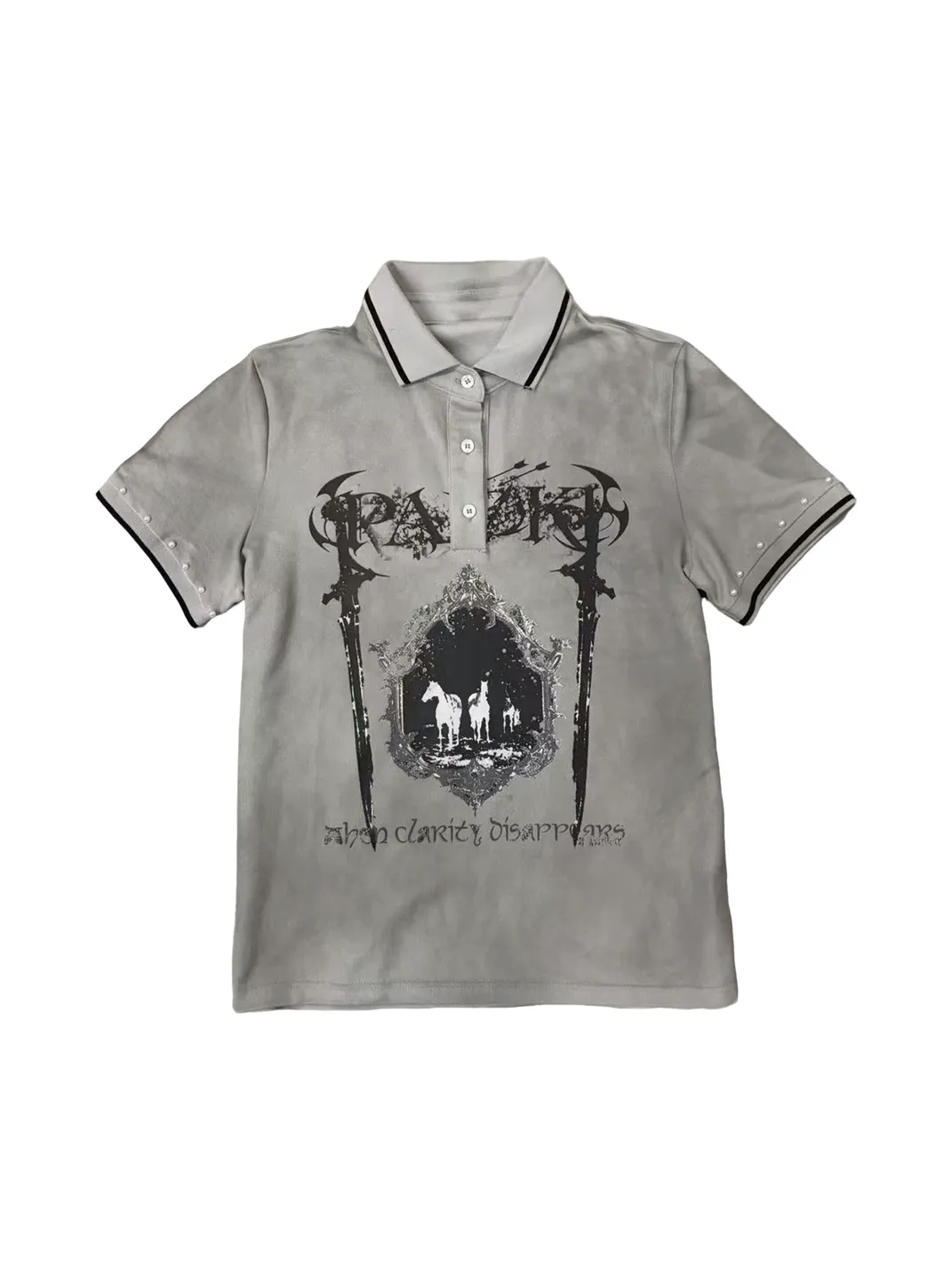 PAIKI | Twin Sword Castle Oil Painting Dirty Dye Pearl Studded T-Shirt