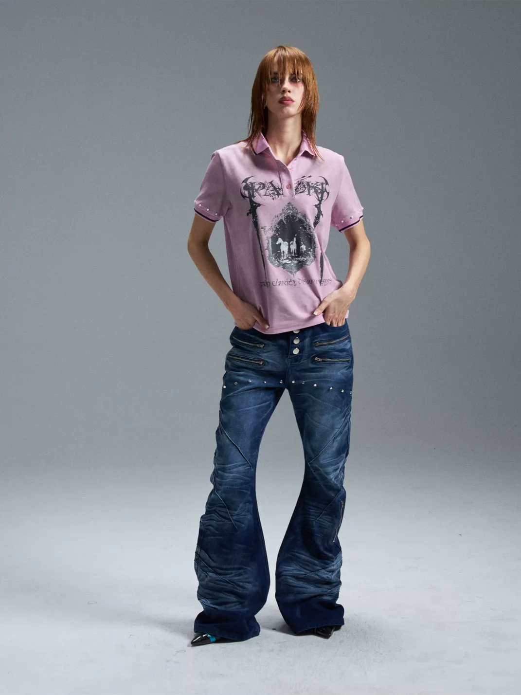 PAIKI | Twin Sword Castle Oil Painting Dirty Dye Pearl Studded T-Shirt