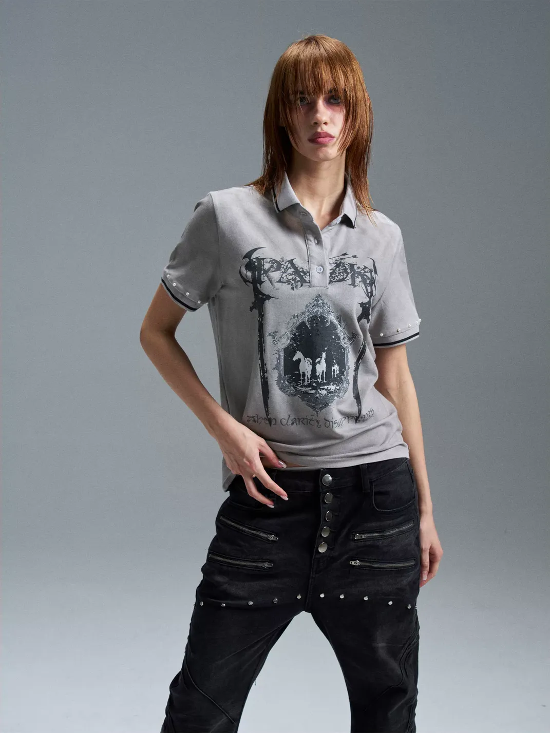 PAIKI | Twin Sword Castle Oil Painting Dirty Dye Pearl Studded T-Shirt