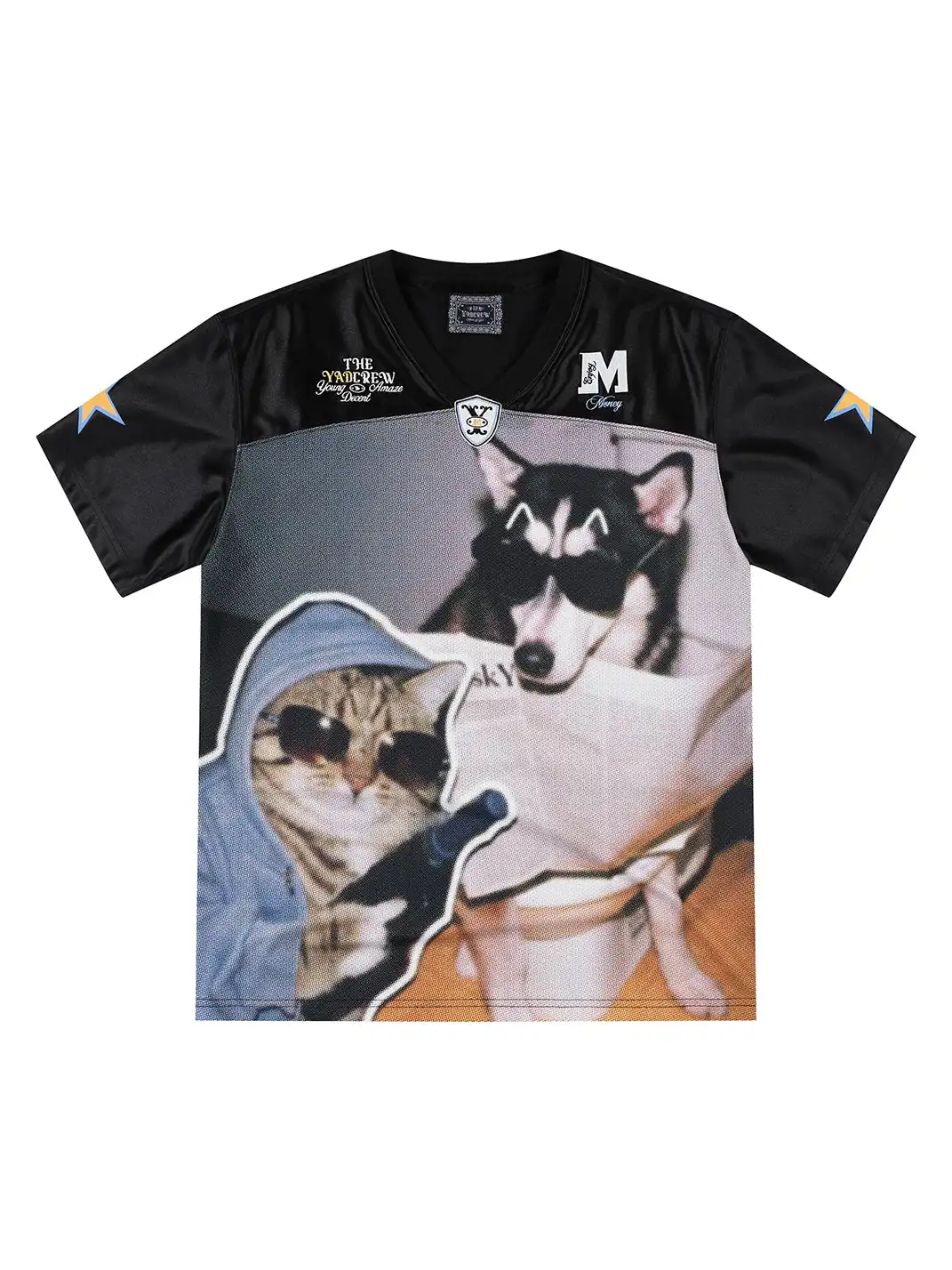 YADcrew | Cat Photo Patchwork V-Neck T-Shirt