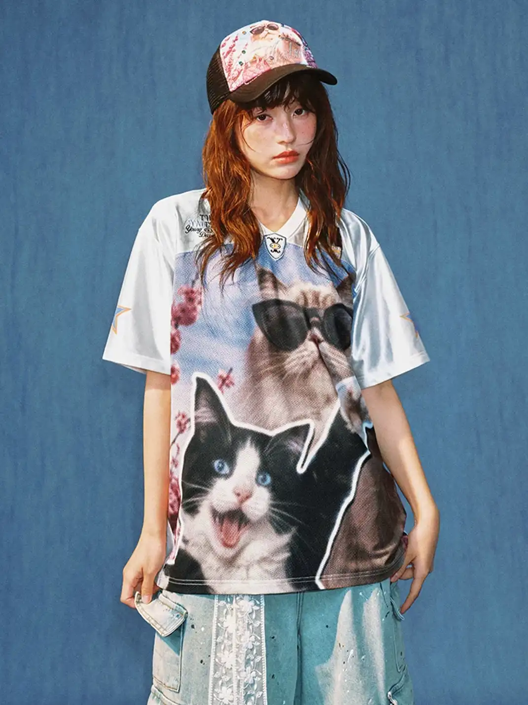 YADcrew | Cat Photo Patchwork V-Neck T-Shirt