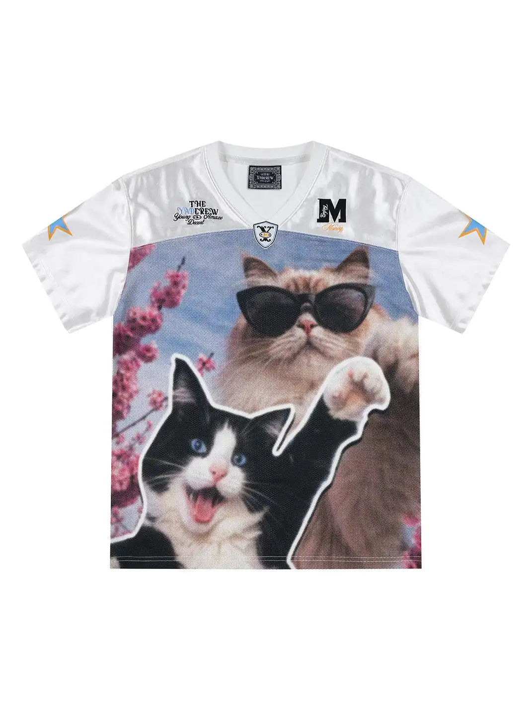 YADcrew | Cat Photo Patchwork V-Neck T-Shirt