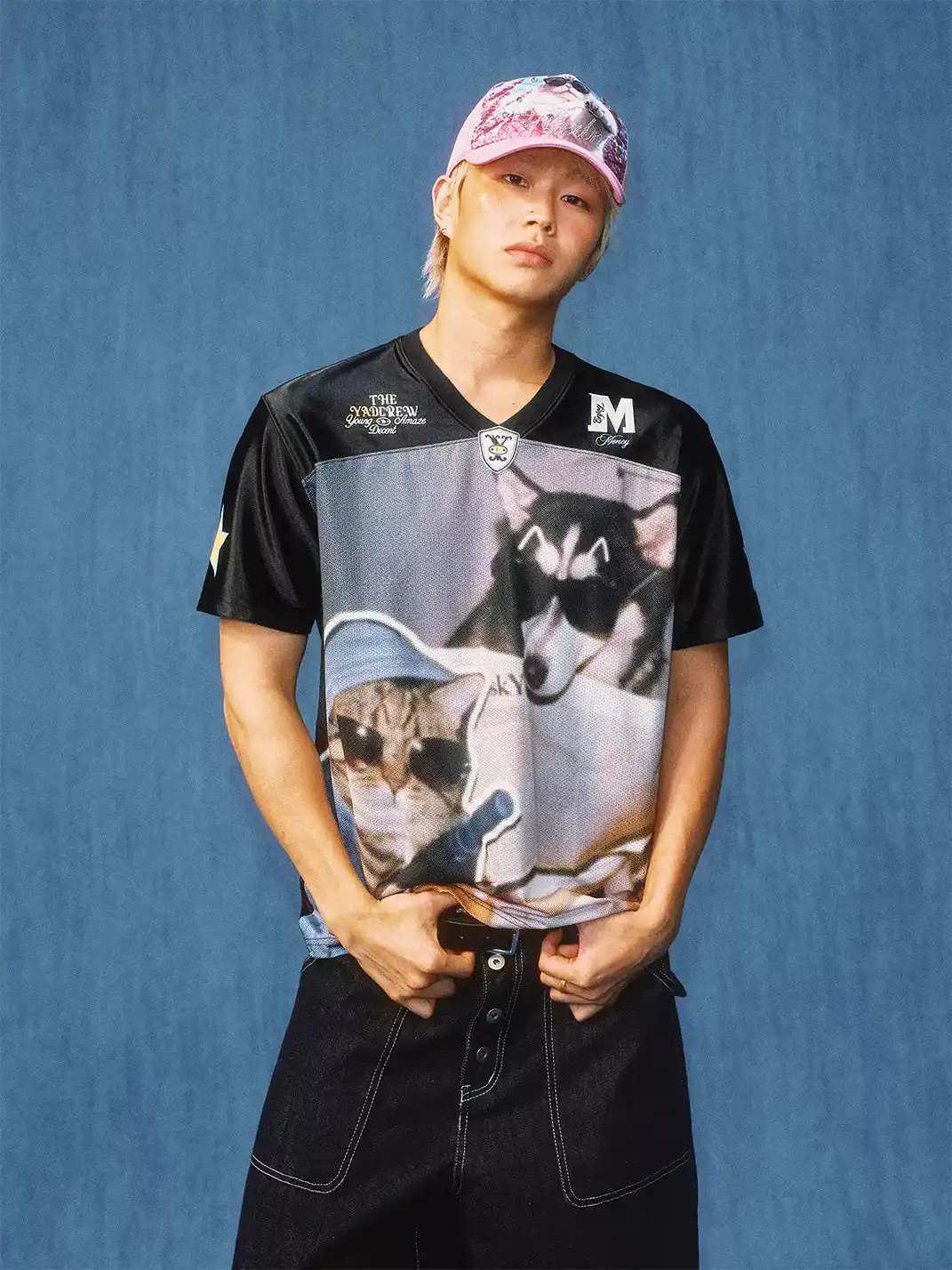 YADcrew | Cat Photo Patchwork V-Neck T-Shirt