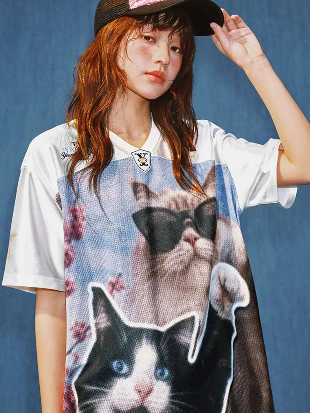 YADcrew | Cat Photo Patchwork V-Neck T-Shirt