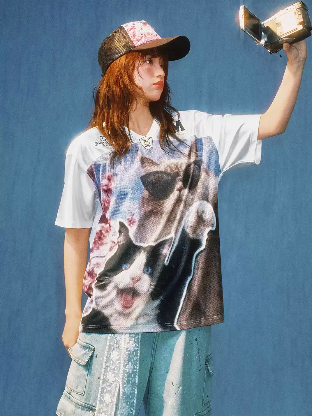 YADcrew | Cat Photo Patchwork V-Neck T-Shirt