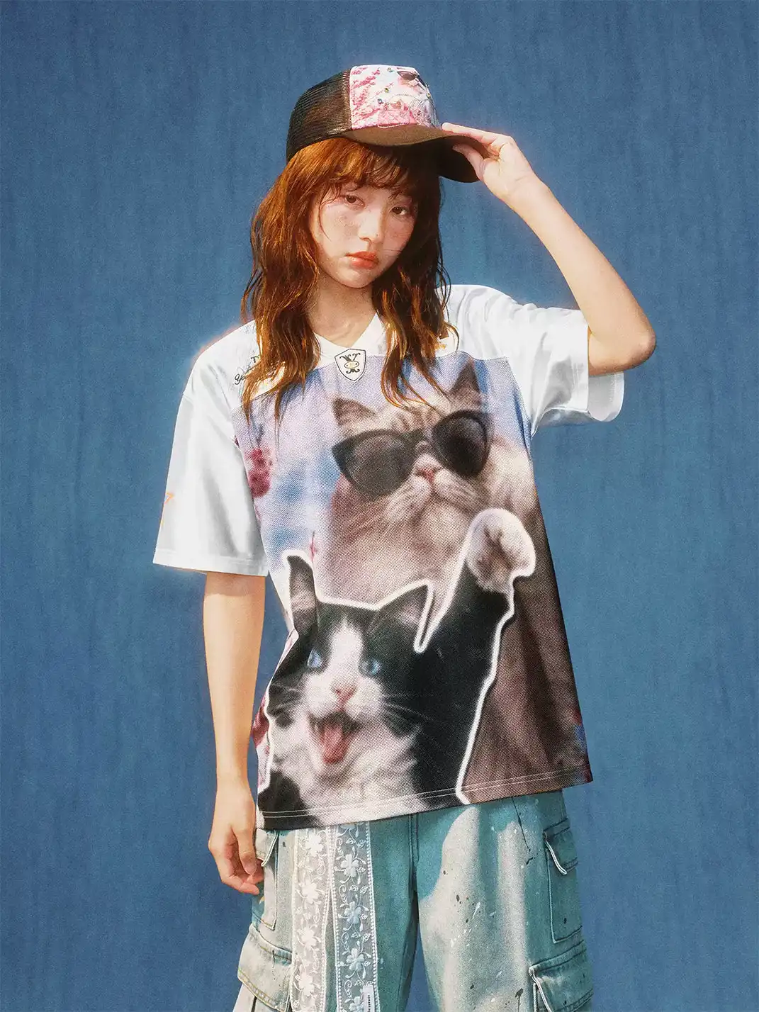 YADcrew | Cat Photo Patchwork V-Neck T-Shirt