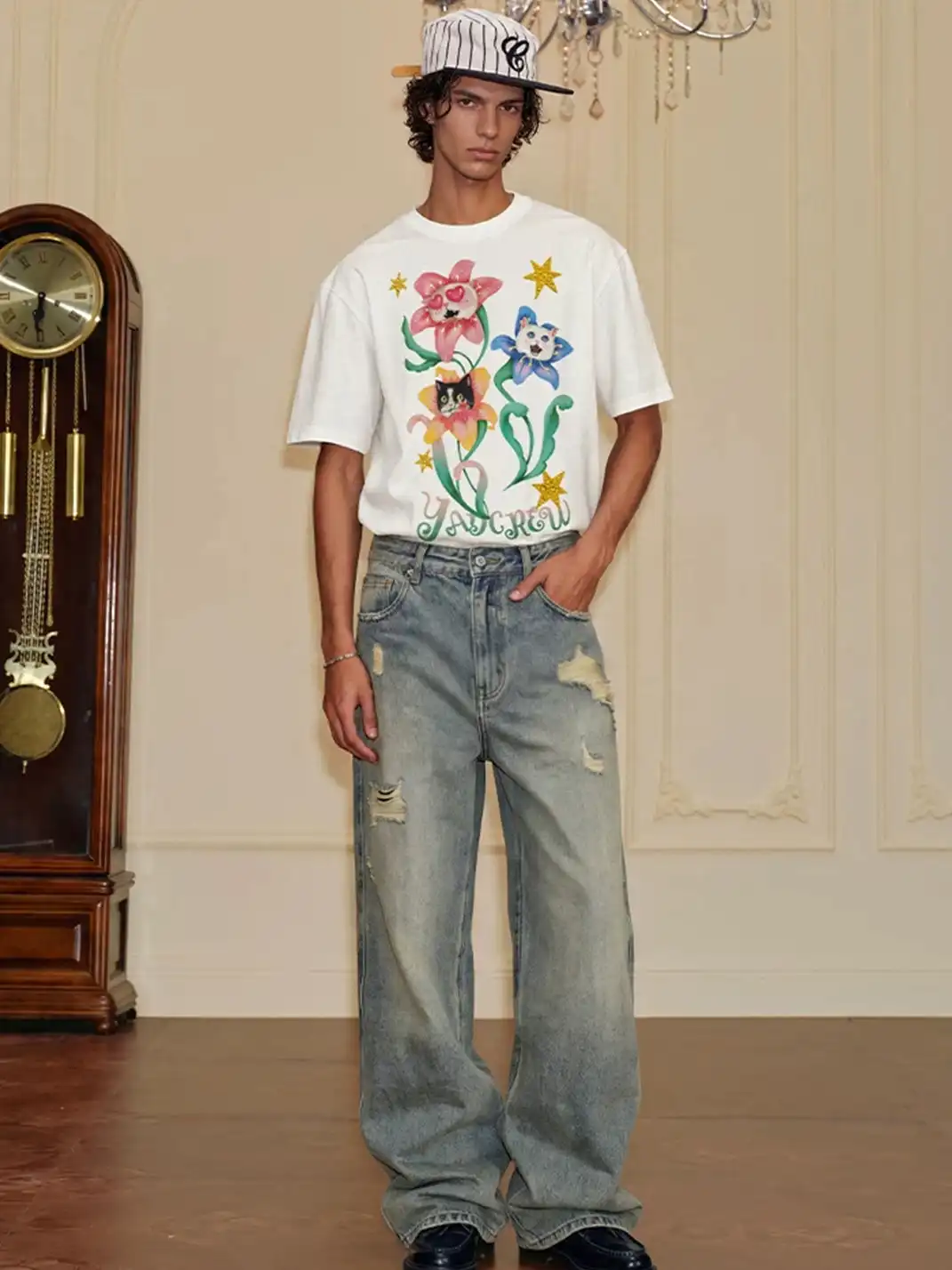 YADcrew | Floral Cat Graphic Print T-Shirt