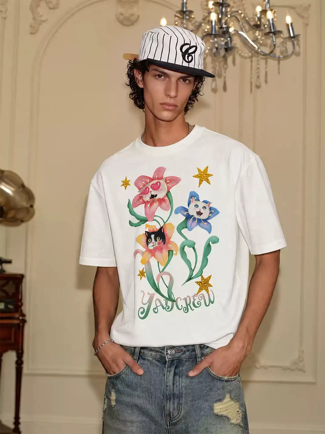 YADcrew | Floral Cat Graphic Print T-Shirt