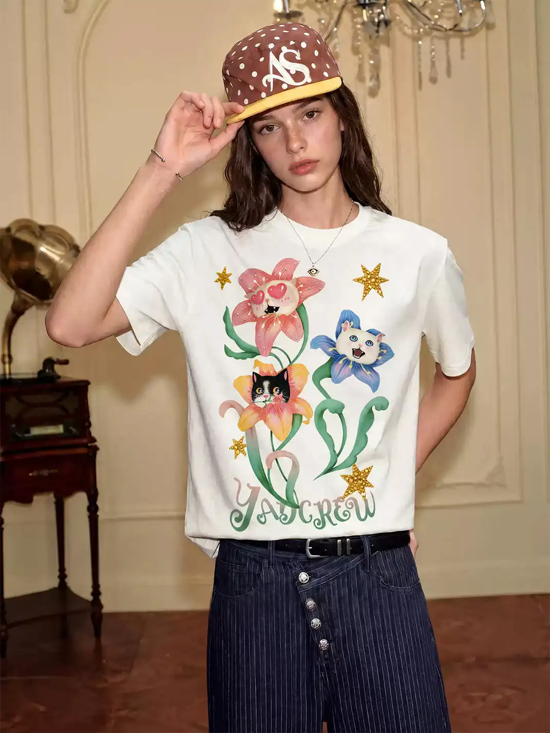 YADcrew | Floral Cat Graphic Print T-Shirt
