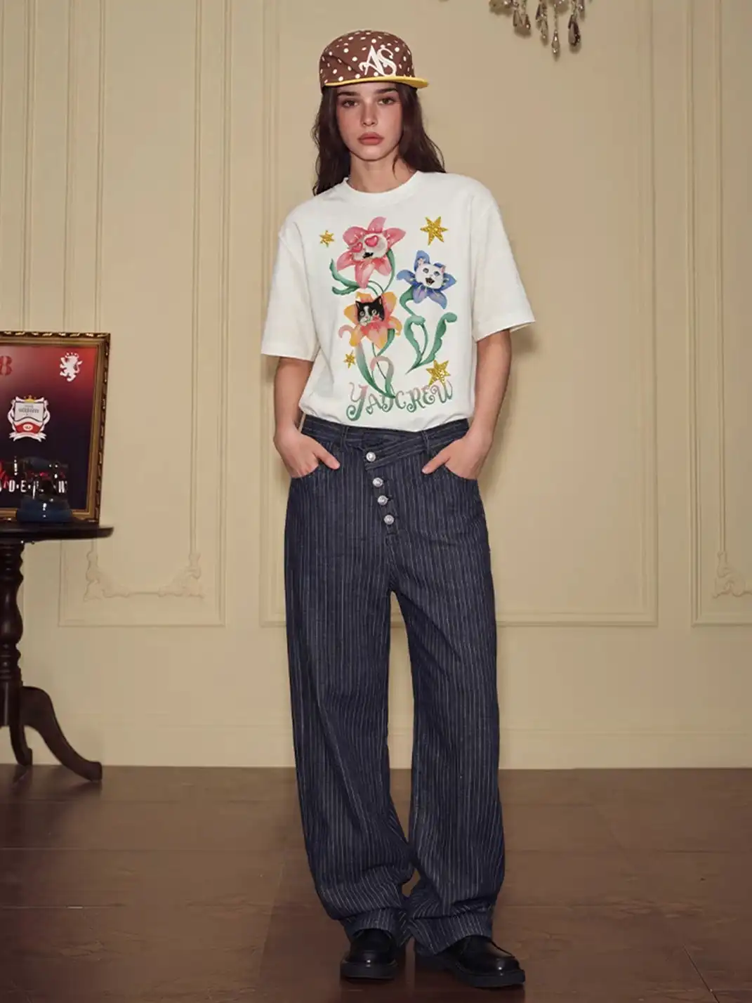 YADcrew | Floral Cat Graphic Print T-Shirt