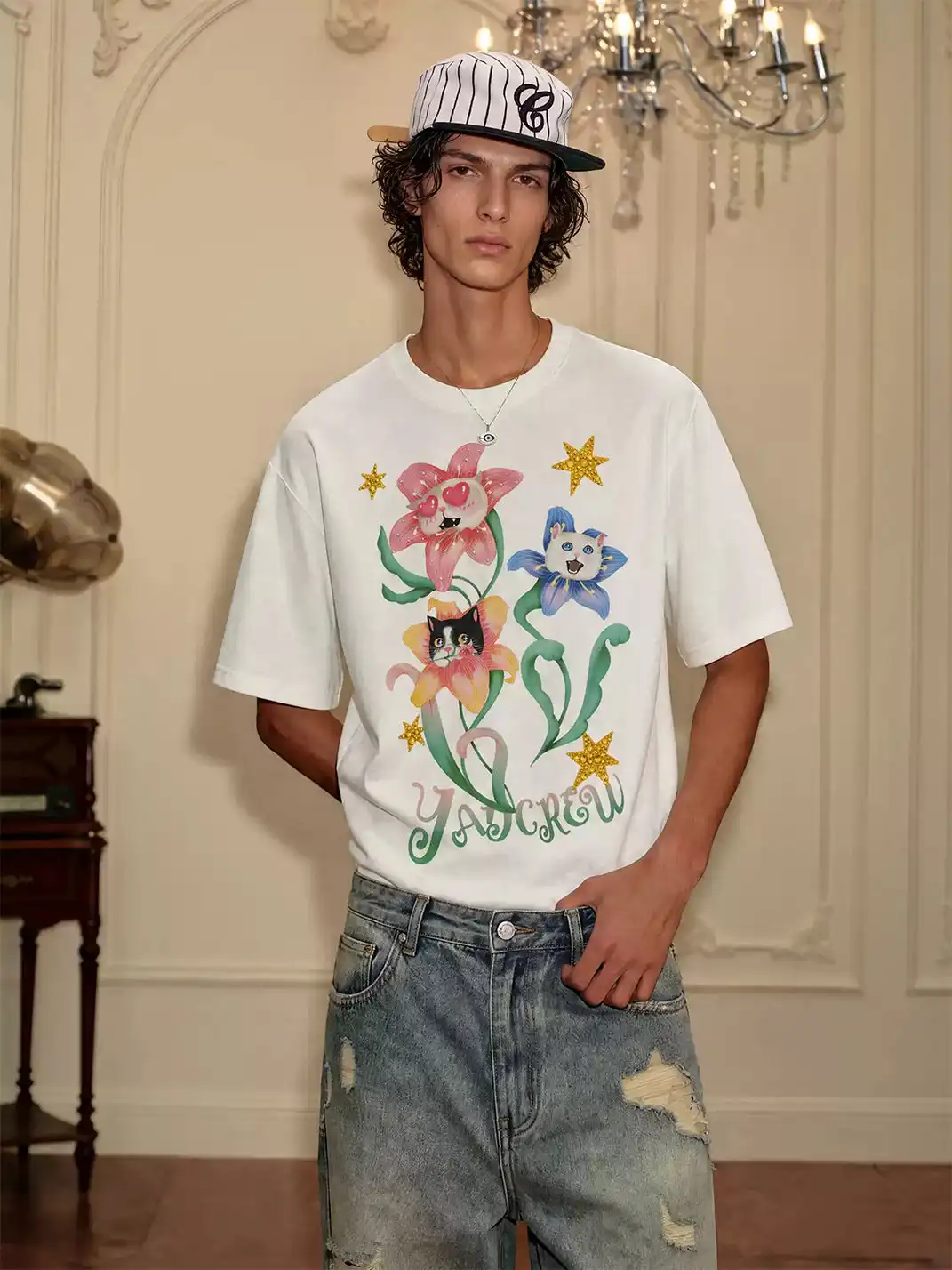 YADcrew | Floral Cat Graphic Print T-Shirt