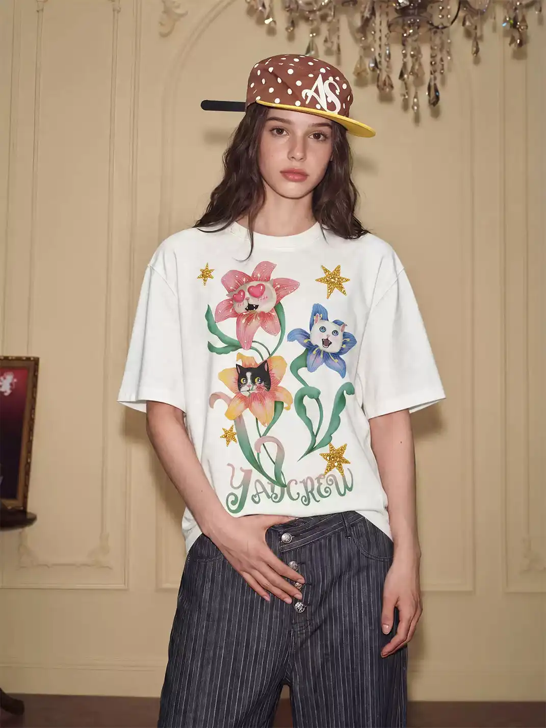 YADcrew | Floral Cat Graphic Print T-Shirt