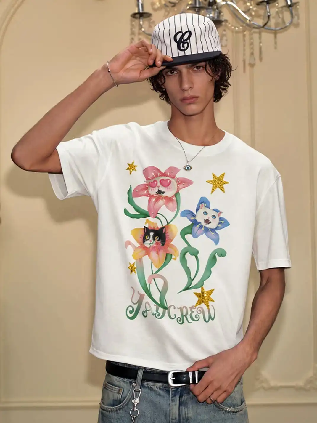 YADcrew | Floral Cat Graphic Print T-Shirt