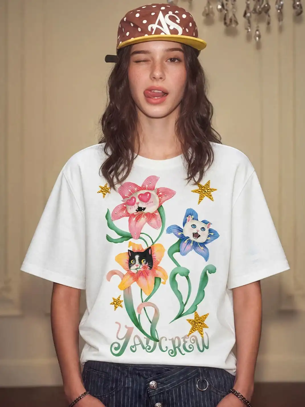 YADcrew | Floral Cat Graphic Print T-Shirt