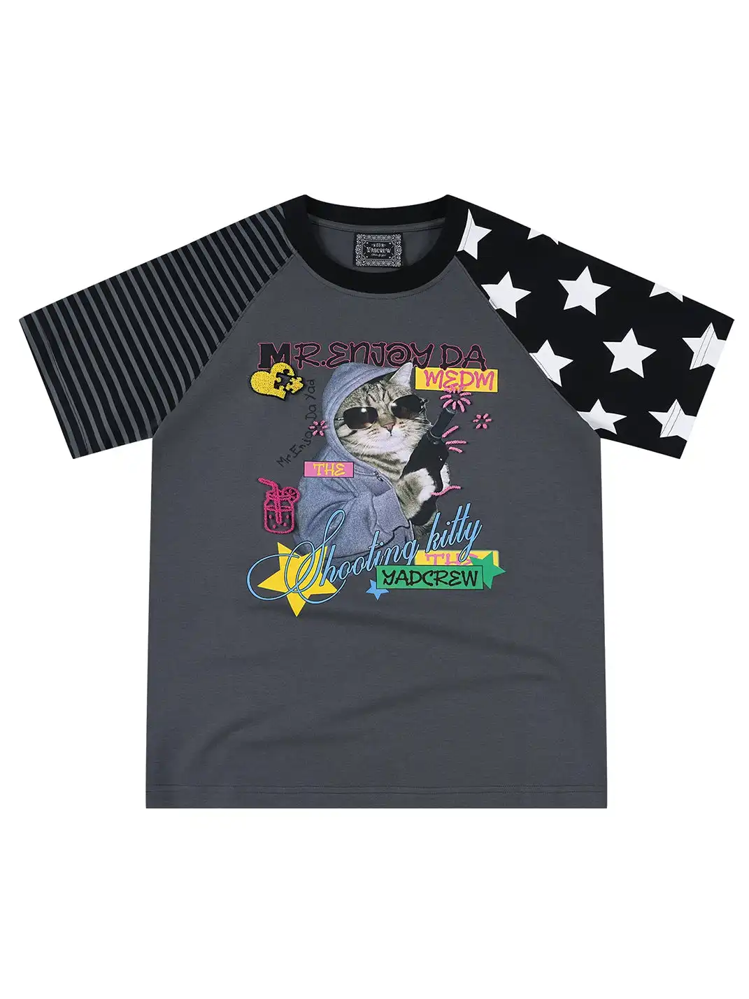YADcrew | Cat Dog Graphic Patchwork Sleeve T-Shirt