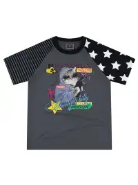 YADcrew | Cat Dog Graphic Patchwork Sleeve T-Shirt