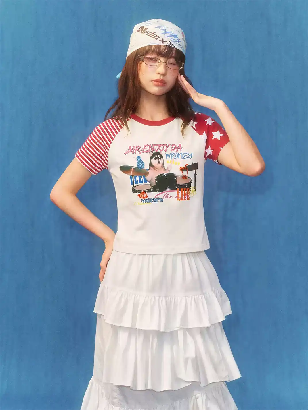 YADcrew | Cat Dog Graphic Patchwork Sleeve T-Shirt