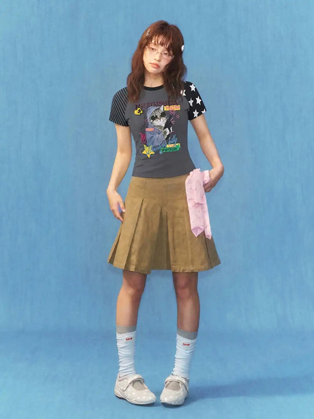 YADcrew | Cat Dog Graphic Patchwork Sleeve T-Shirt