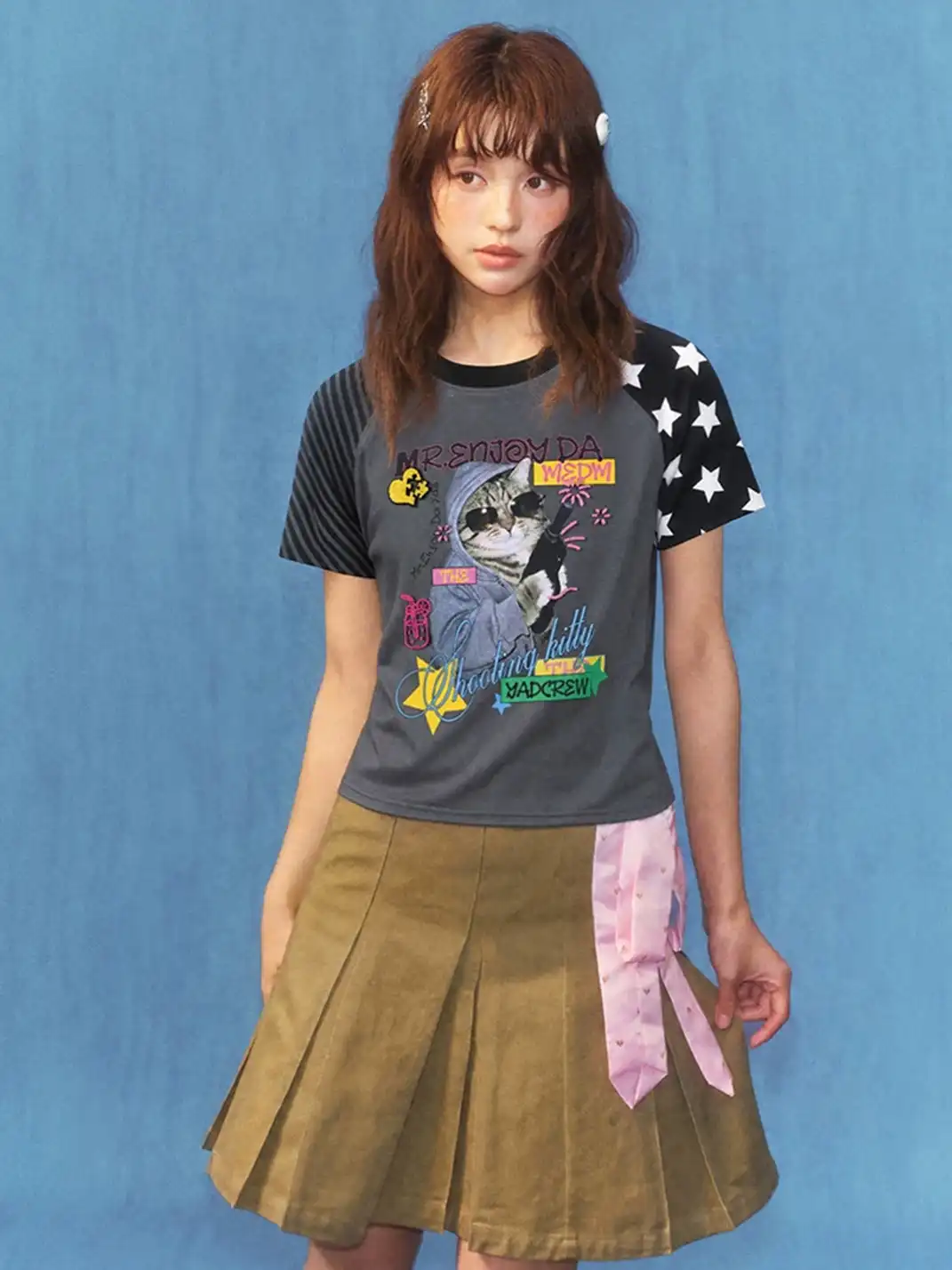 YADcrew | Cat Dog Graphic Patchwork Sleeve T-Shirt