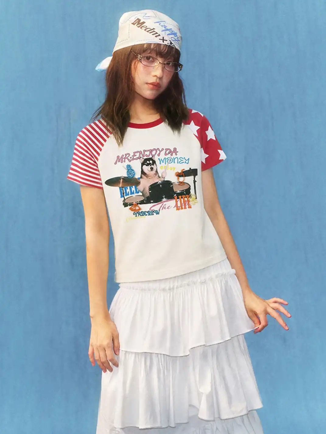 YADcrew | Cat Dog Graphic Patchwork Sleeve T-Shirt
