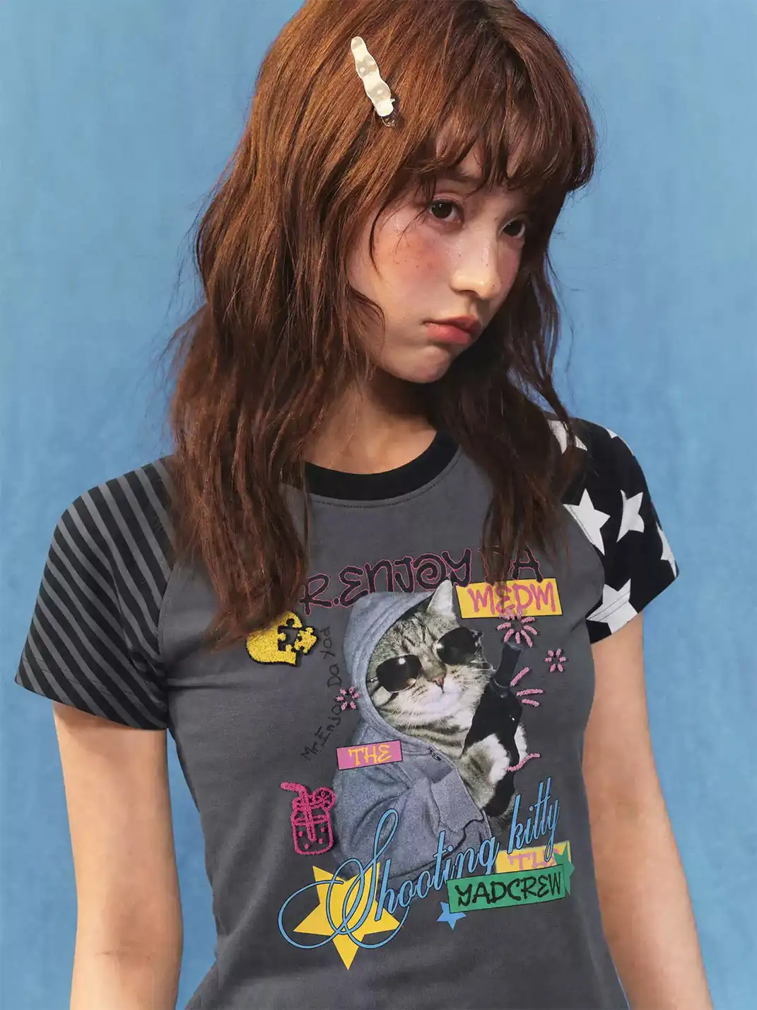 YADcrew | Cat Dog Graphic Patchwork Sleeve T-Shirt
