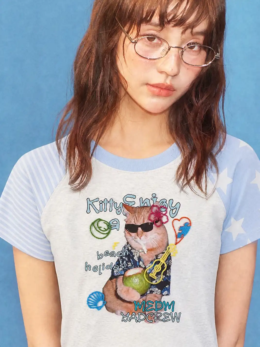 YADcrew | Cat Dog Graphic Patchwork Sleeve T-Shirt