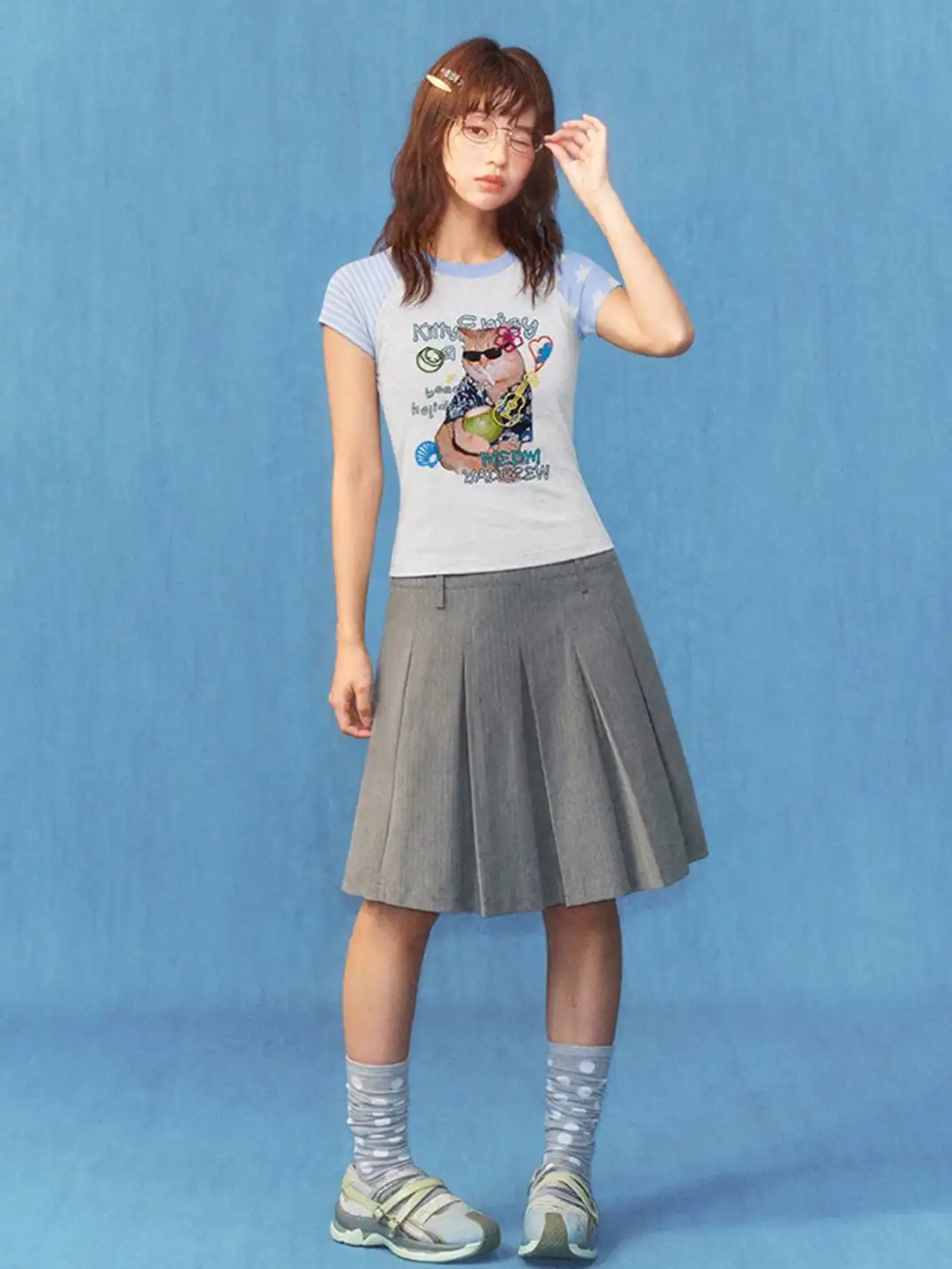 YADcrew | Cat Dog Graphic Patchwork Sleeve T-Shirt