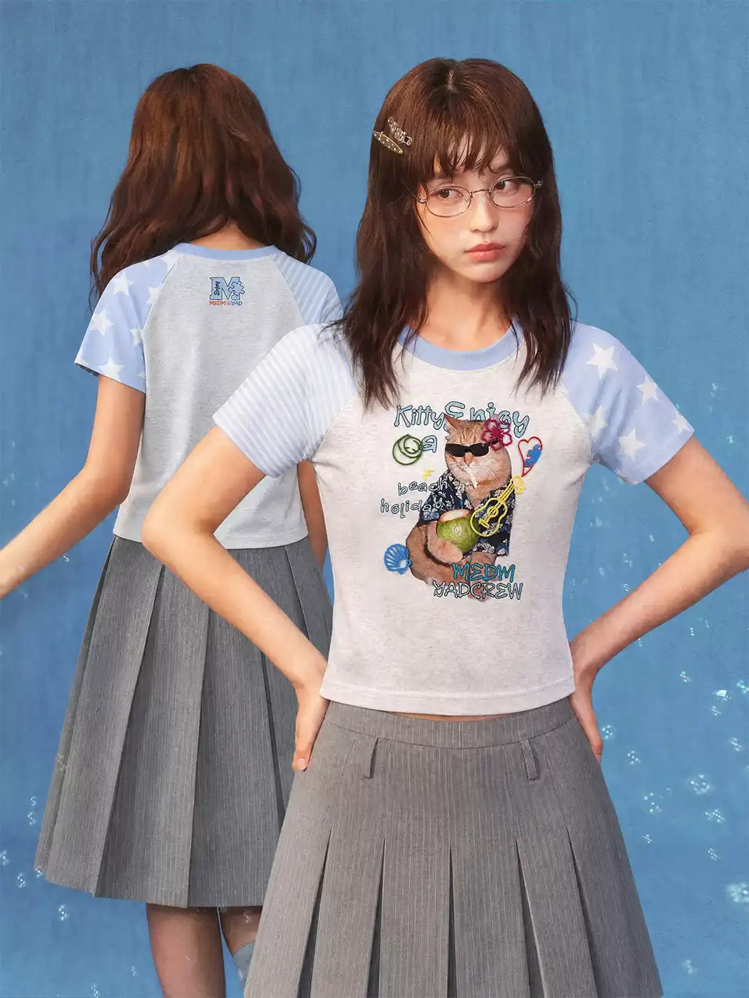 YADcrew | Cat Dog Graphic Patchwork Sleeve T-Shirt