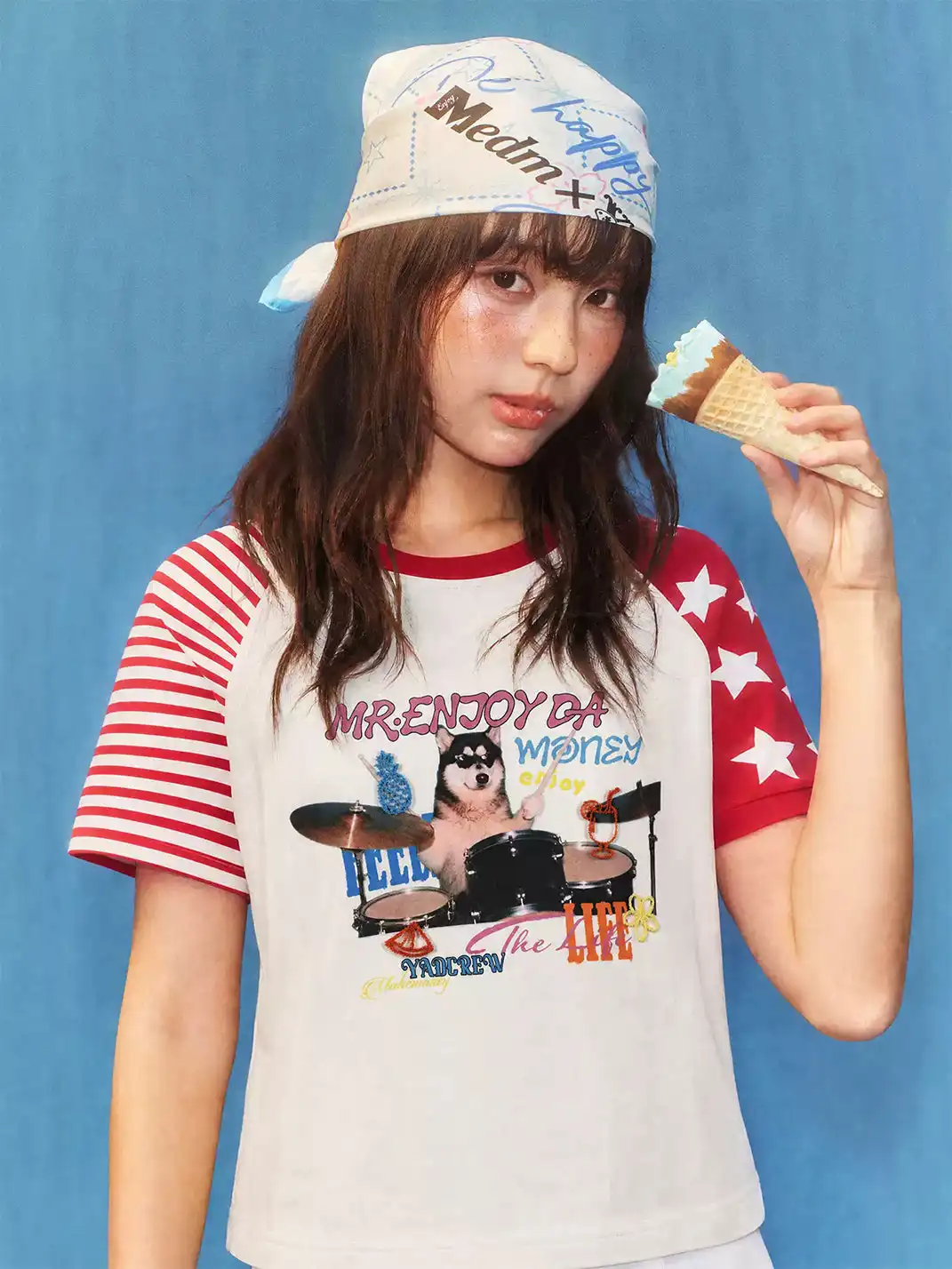 YADcrew | Cat Dog Graphic Patchwork Sleeve T-Shirt