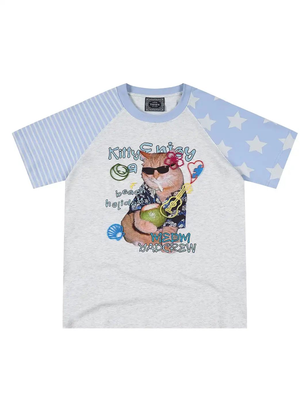 YADcrew | Cat Dog Graphic Patchwork Sleeve T-Shirt
