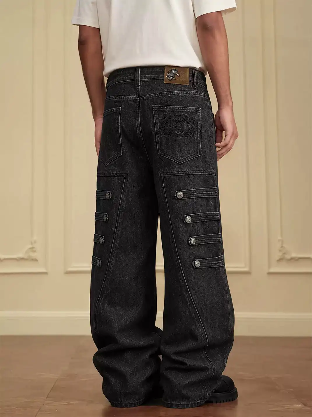 YADcrew | Multi-Buckle Panel Washed Wide-Leg Jeans