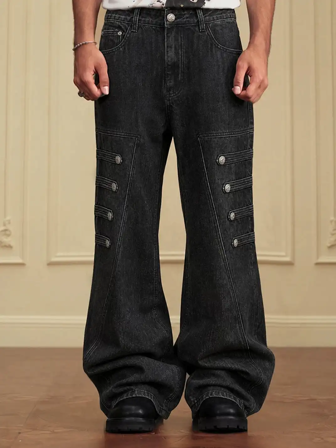 YADcrew | Multi-Buckle Panel Washed Wide-Leg Jeans