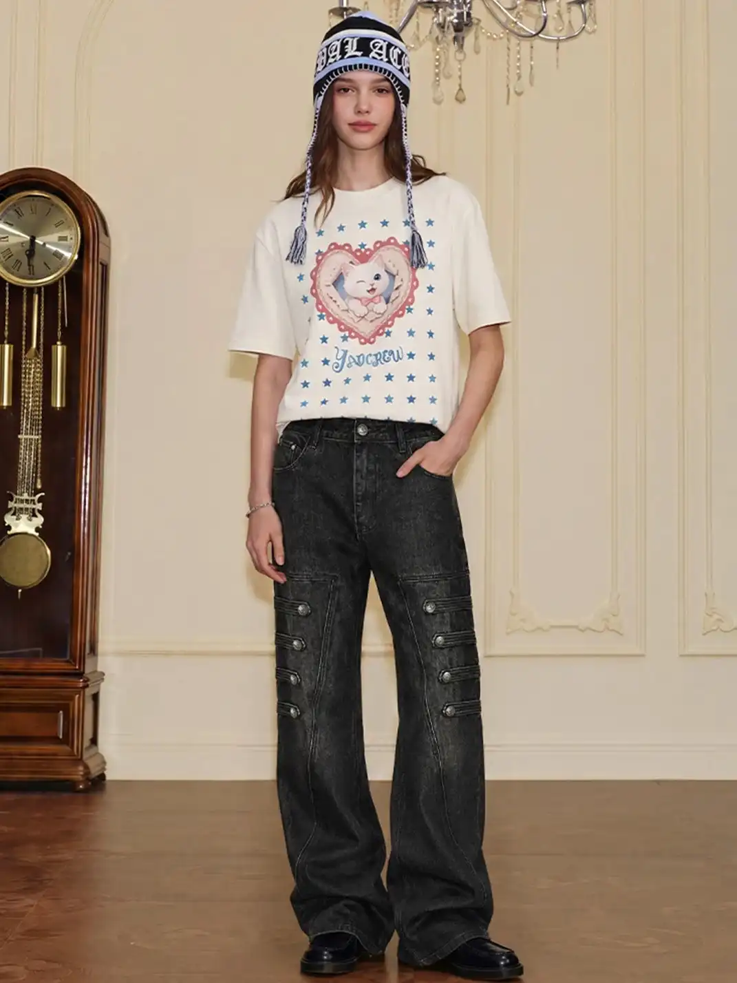 YADcrew | Multi-Buckle Panel Washed Wide-Leg Jeans
