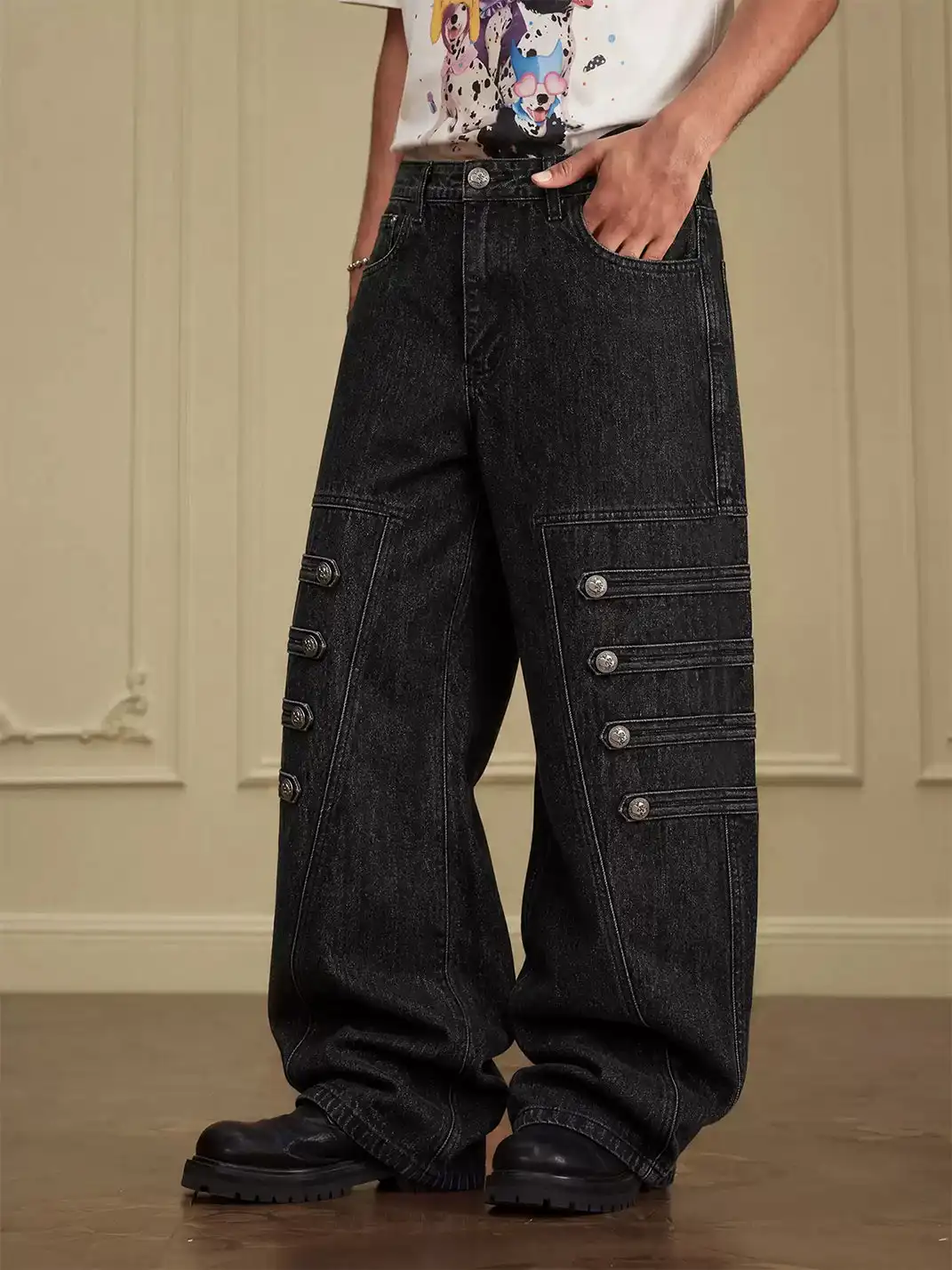 YADcrew | Multi-Buckle Panel Washed Wide-Leg Jeans