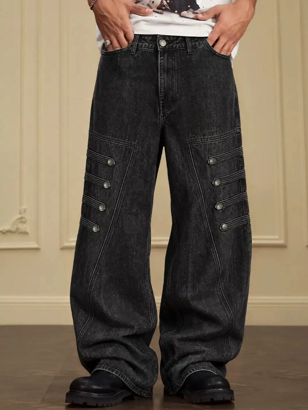 YADcrew | Multi-Buckle Panel Washed Wide-Leg Jeans