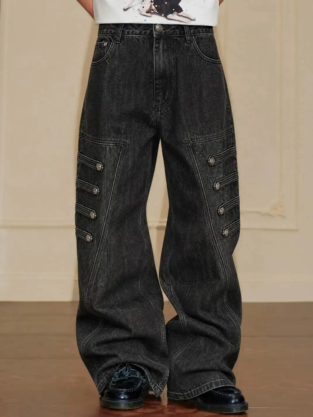 YADcrew | Multi-Buckle Panel Washed Wide-Leg Jeans