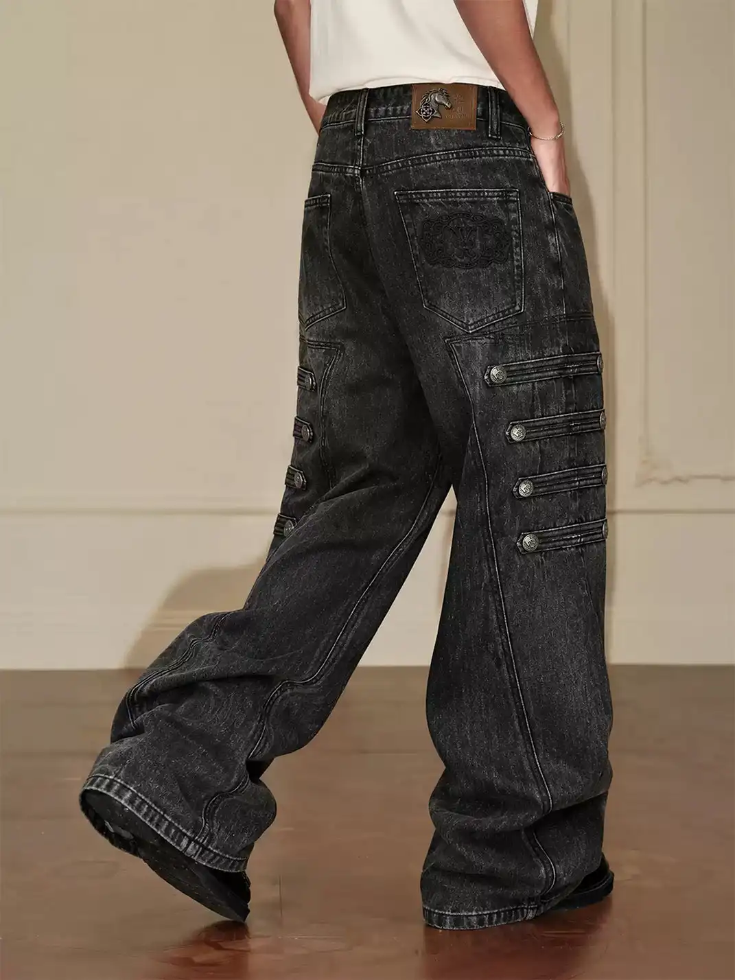 YADcrew | Multi-Buckle Panel Washed Wide-Leg Jeans