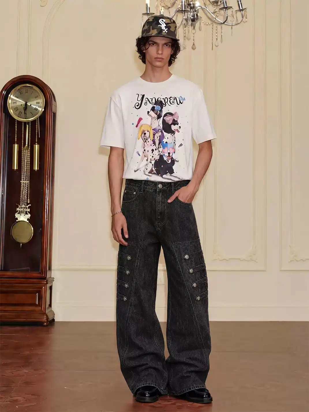YADcrew | Multi-Buckle Panel Washed Wide-Leg Jeans