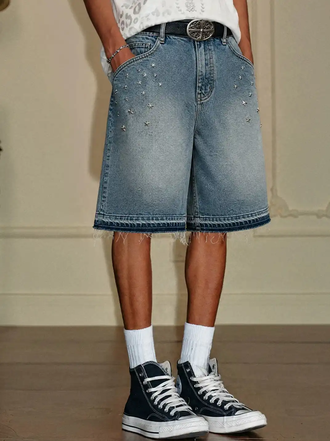 YADcrew | Vintage Star Rhinestone Washed Denim Shorts