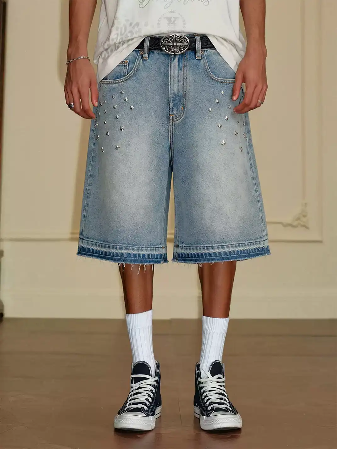 YADcrew | Vintage Star Rhinestone Washed Denim Shorts